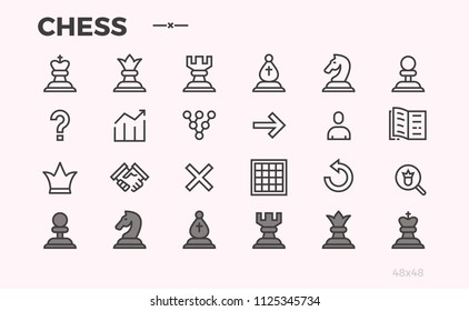 Chess icons for mobile app. Chessmen, strategy.  Not editable line.