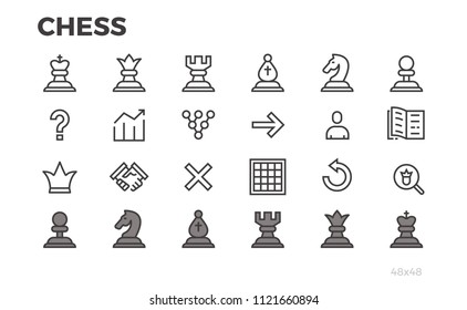 Chess icons for mobile application. Сhessmen, strategy. Editable line.