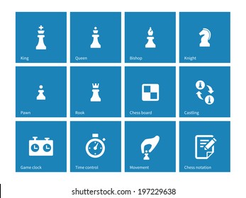 Chess icons on blue background. Vector illustration.