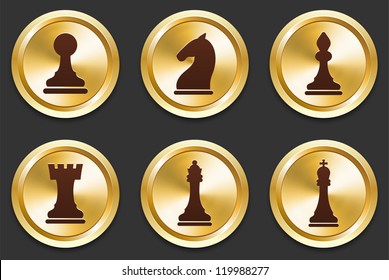 Chess Icons on Gold Button Collection Original Illustration