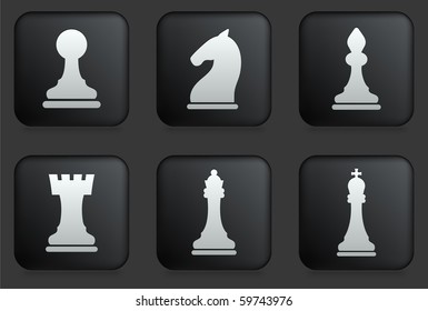 Chess Icons on Square Black Button Collection Original Illustration