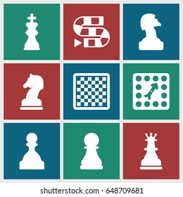Chess icons set. set of 9 chess filled icons such as board game, pawn