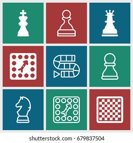 Chess icons set. set of 9 chess filled and outline icons such as board game, pawn