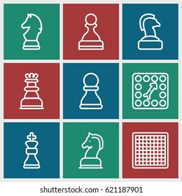 Chess icons set. set of 9 chess outline icons such as board game