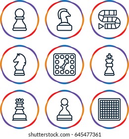 Chess icons set. set of 9 chess outline icons such as board game, pawn