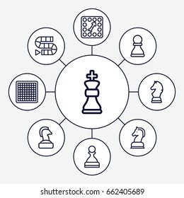 Chess icons set. set of 9 chess outline icons such as board game, pawn