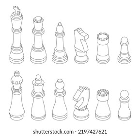 Chess icons set. Isometric set of chess vector icons outline thin lne isolated on white