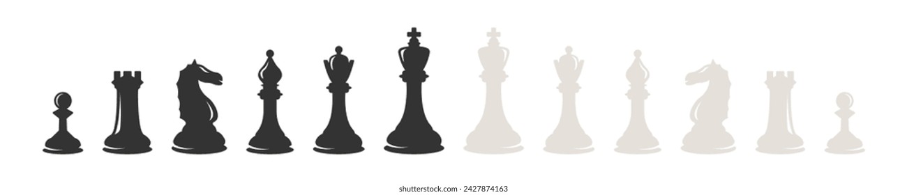 Chess icons set. King, queen, pawn, horse and rook. Chess silhouette. Vector illustration.