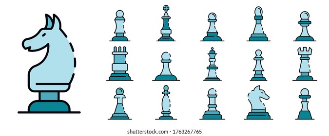 Chess icons set. Outline set of Chess vector icons thin line color flat isolated on white