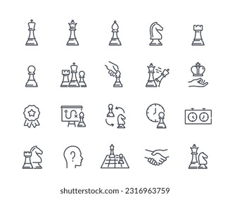 Chess icons set. Strategy game with chess pieces, queen and knight. Checkmate, chessboard and tactics concept. Outline stickers for apps. Linear flat vector collectionon isolated on white background