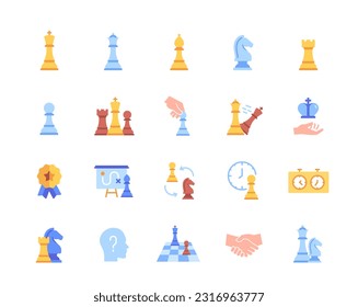Chess icons set. Tactical strategy game with chess pieces and players. Checkmate on chessboard. Colored stickers for apps and websites. Cartoon flat vector collection isolated on white background