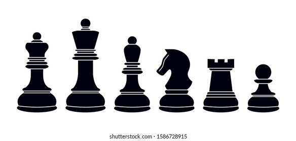 Chess icons. Vector chess isolated on white background. Playing chess on the Board. King, Queen, rook, knight, Bishop, pawn. Silhouettes of chess pieces. Chessboard. Black and white