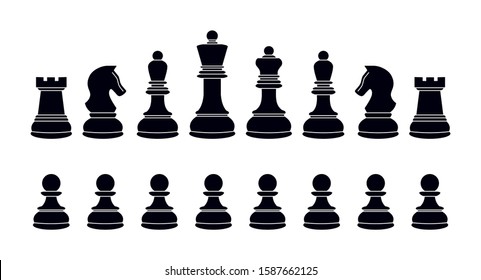 Chess icons. Vector chess isolated on white background. Playing chess on the Board. King, Queen, rook, knight, Bishop, pawn. Silhouettes of chess pieces. Chessboard. Black and white