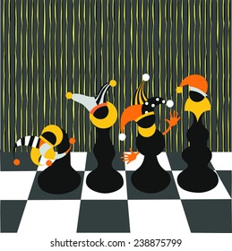 chess; illustration; chessboard; cage; black-and-white; picture; game; pawn; king; queen; horse; elephant; castle; queen