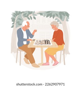 Chess isolated cartoon vector illustration. Community park, senior people playing chess under the trees, sitting at the table, suburban houses on background, public outdoor area vector cartoon.