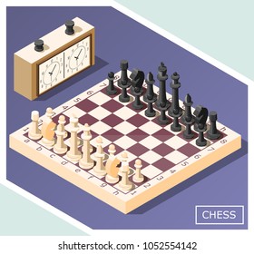 Chess isometric background with white and black figures on game board, control clock, vector illustration