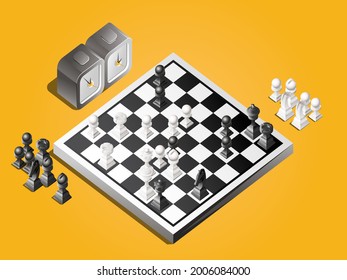Chess isometric background with white and black figures on game board, control clock, vector illustration