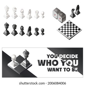 Chess isometric background with white and black figures on game board, control clock, vector illustration