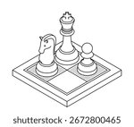 Chess isometric concept vector icon. Minimalist line art of chess pieces on board, featuring king, knight, and pawn