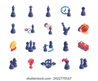 Chess isometric icons set. Business planning and forecasting. Hand with pawn and horse, rook. Graphic elements for website. Cartoon 3D vector collection isolated on white background