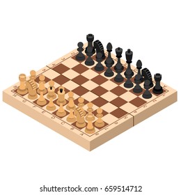 Chess Isometric View Figures on Wooden Chessboard Strategy Sport Game. Vector illustration