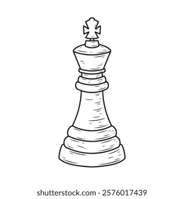 Chess king. Black and white vector illustration in doodle style.	