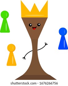 El personaje de las caricaturas del rey ajedrez se ríe y su amistosa mano se mueve alrededor de un chip para los juegos de mesa. Concepto de pasatiempo y entretenimiento
