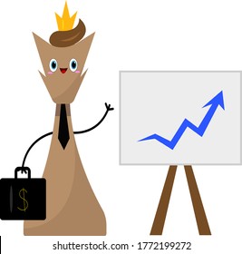 Chess king with a dark suitcase on which the dollar icon is depicted cartoon character businessman shows a object on a growth graph on a white background concept of success and leadership