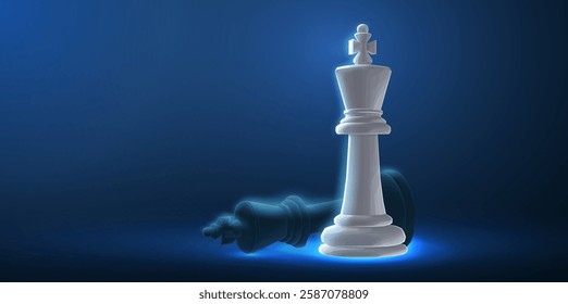 Chess king in digital hand beats other kind. Win of AI, chess strategy, digital manager, business competition, innovation challenge, AI assistant, political checkmate, technological success concept.