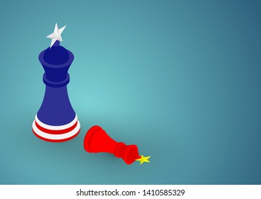 Chess King flag pattern of America and China, Trade war and tax crisis concept design illustration isolated on blue gradients background with copy space, vector eps 10