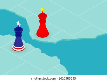 Chess King flag pattern of America and China on world map, Trade war and tax crisis concept design illustration isolated on background with copy space, vector eps 10