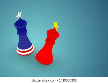 Chess King flag pattern of America and China, Trade war and tax crisis concept design illustration isolated on blue gradients background with copy space, vector eps 10