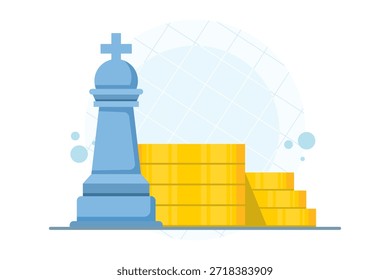 Chess king with gold coin stack symbolizing financial leadership and business strategy. Isolated background illustration for investment management, growth planning, and marketing success.