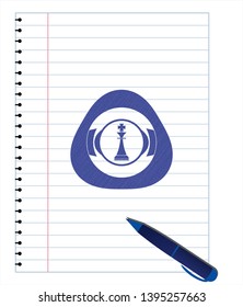 chess king icon emblem with pen effect. Blue ink. Vector Illustration. Detailed.