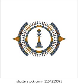 chess king icon inside arabic style badge. Arabesque decoration.