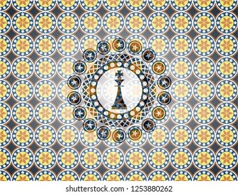 chess king icon inside arabic badge background. Arabesque decoration.