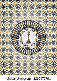 chess king icon inside arabic style badge. Arabesque decoration.