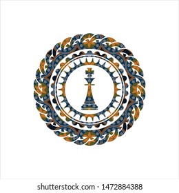 chess king icon inside arabic badge background. Arabesque decoration.