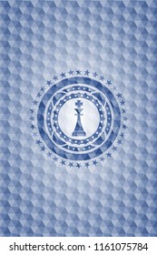 chess king icon inside blue badge with geometric background.
