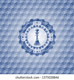 chess king icon inside blue emblem or badge with geometric pattern background.