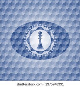 chess king icon inside blue emblem with geometric pattern background.