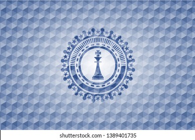 chess king icon inside blue emblem with geometric pattern background.