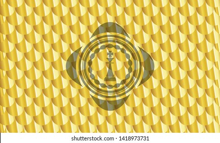 chess king icon inside gold badge. Scales pattern. Vector Illustration. Detailed.