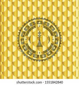 chess king icon inside gold shiny badge. Scales pattern. Vector Illustration. Detailed.