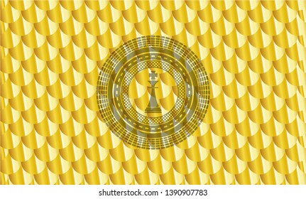 chess king icon inside golden emblem or badge. Scales pattern. Vector Illustration. Detailed.