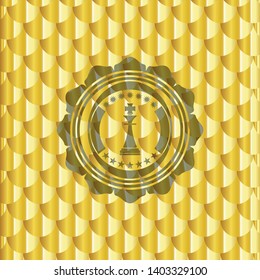 chess king icon inside golden badge. Scales pattern. Vector Illustration. Detailed.