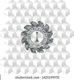 chess king icon inside grey emblem with geometric cube white background