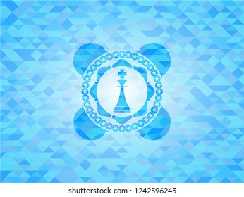 chess king icon inside light blue emblem. Mosaic background