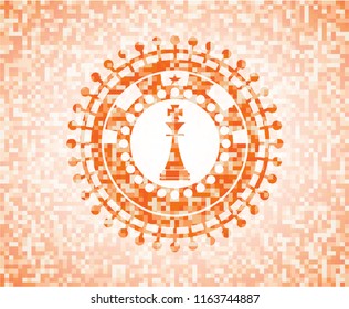 chess king icon inside orange tile background illustration. Square geometric mosaic seamless pattern with emblem inside.
