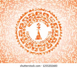 chess king icon inside orange tile background illustration. Square geometric mosaic seamless pattern with emblem inside.